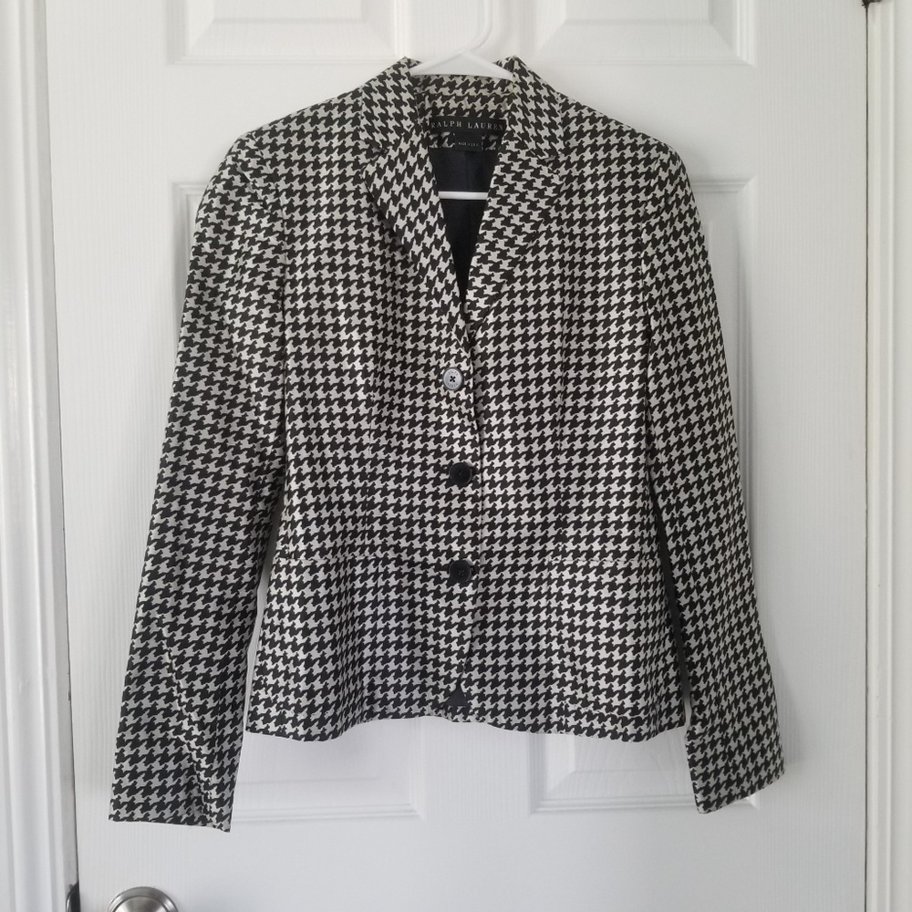 Ralph Lauren 100% Silk Black & White Houndstooth Blazer Jacket